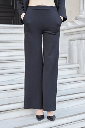 Kadın İpeksi Dokulu Esnek Modal Kumaş Taş Baskılı Beli Lastikli Bol Paça Palazzo Pantolon-Siyah