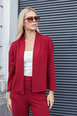 Kadın İpeksi Dokulu Esnek Kumaş Taş Baskılı Hırka-Bordo