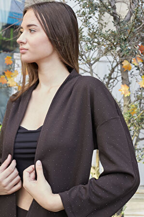 Kadın İpeksi Dokulu Esnek Kumaş Taş Baskılı Hırka-Kahve