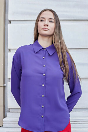 Kadın Yakalı Düşük Omuzlu Uzun Kol Likrasız Kumaş Gömlek-Eflatun