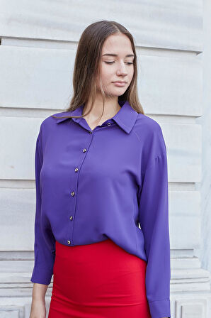 Kadın Yakalı Düşük Omuzlu Uzun Kol Likrasız Kumaş Gömlek-Eflatun