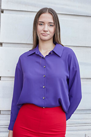 Kadın Yakalı Düşük Omuzlu Uzun Kol Likrasız Kumaş Gömlek-Eflatun