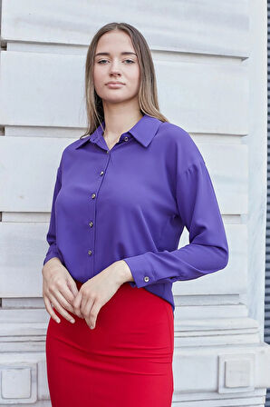 Kadın Yakalı Düşük Omuzlu Uzun Kol Likrasız Kumaş Gömlek-Eflatun