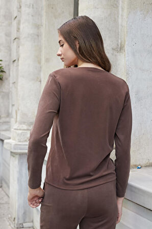 Kadın Esnek İpeksi Modal Kumaş V Yaka Uzun Kol Düğmeli Ceket-Kahve