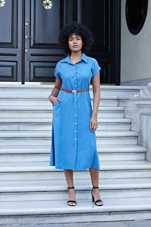 Kadın Twill Modal Yakalı Düşük Omuzlu Duble Kol Midi Boy Diz Altı Elbise(Deri Kemer Dahil)-İndigo