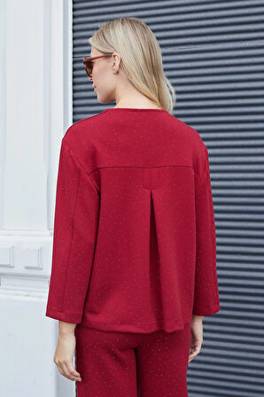 Kadın İpeksi Dokulu Taş Baskılı Esnek Kumaş V Yaka Cepli Düğmeli Ceket Hırka-Bordo