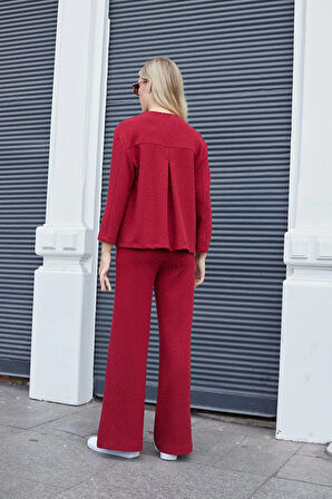 Kadın İpeksi Dokulu Taş Baskılı Esnek Kumaş V Yaka Cepli Düğmeli Ceket Hırka-Bordo