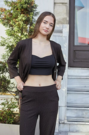 Kadın İpeksi Dokulu Taş Baskılı Esnek Kumaş V Yaka Cepli Düğmeli Ceket Hırka-Kahve