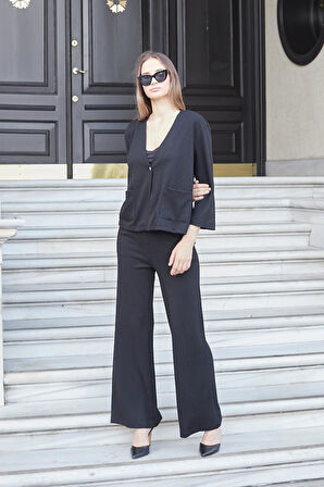 Kadın İpeksi Dokulu Taş Baskılı Esnek Kumaş V Yaka Cepli Düğmeli Ceket Hırka-Siyah