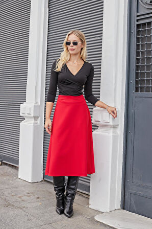 Kadın Yüksek Bel Diz Altı Hafif Likralı Kumaş Çan Etek-Kırmızı 
