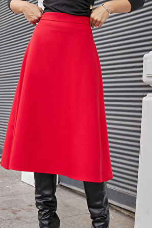 Kadın Yüksek Bel Diz Altı Hafif Likralı Kumaş Çan Etek-Kırmızı 