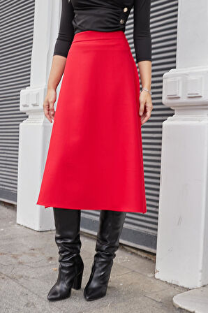 Kadın Yüksek Bel Diz Altı Hafif Likralı Kumaş Çan Etek-Kırmızı 