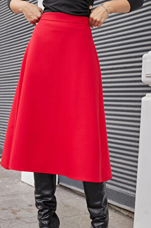 Kadın Yüksek Bel Diz Altı Hafif Likralı Kumaş Çan Etek-Kırmızı 
