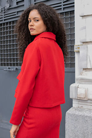 Kadın Hafif Esnek Kışlık Kaşe Yakalı Cepli Uzun Kol Kısa Blazer Ceket Mont-Kırmızı