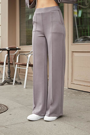 Kadın İpeksi Esnek Kalın Modal Kumaş Yüksek Bel Önden Dikişli Cepli Bol Paça Palazzo Pantolon-Gri