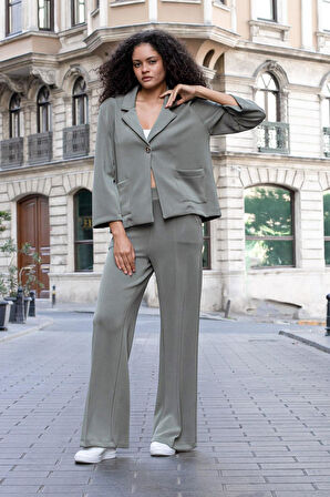 Kadın İpeksi Esnek Kalın Modal Kumaş Yüksek Bel Önden Dikişli Cepli Bol Paça Palazzo Pantolon-Haki