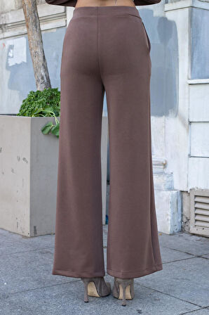 Kadın İpeksi Esnek Kalın Modal Kumaş Yüksek Bel Önden Dikişli Cepli Bol Paça Palazzo Pantolon-Kahve