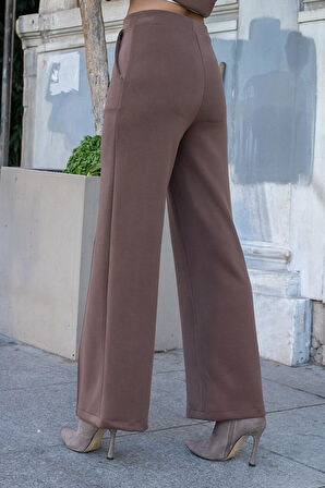Kadın İpeksi Esnek Kalın Modal Kumaş Yüksek Bel Önden Dikişli Cepli Bol Paça Palazzo Pantolon-Kahve
