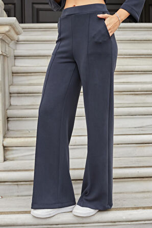 Kadın İpeksi Esnek Kalın Modal Kumaş Yüksek Bel Önden Dikişli Cepli Bol Paça Palazzo Pantolon-Lacivert