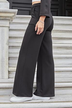 Kadın İpeksi Esnek Kalın Modal Kumaş Yüksek Bel Önden Dikişli Cepli Bol Paça Palazzo Pantolon-Siyah
