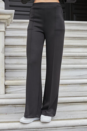 Kadın İpeksi Esnek Kalın Modal Kumaş Yüksek Bel Önden Dikişli Cepli Bol Paça Palazzo Pantolon-Siyah