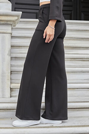 Kadın İpeksi Esnek Kalın Modal Kumaş Yüksek Bel Önden Dikişli Cepli Bol Paça Palazzo Pantolon-Siyah