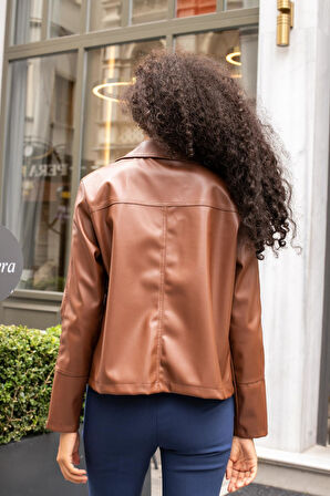 Kadın Deri Kumaş Yakalı Cepli Kısa Ceket Mont-Taba