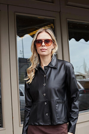 Kadın Deri Kumaş Yakalı Cepli Kısa Ceket Mont-Siyah