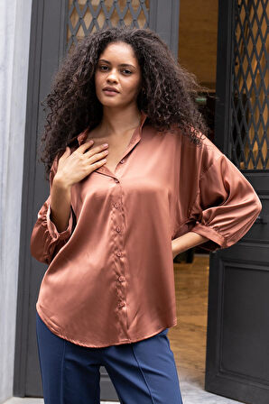 Kadın Yakalı Düşük Omuzlu Salaş Gömlek-Kahve 