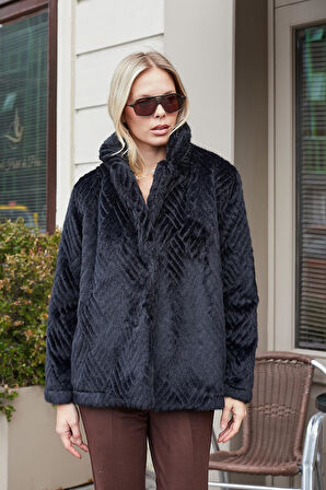 Kadın Kürk Yakalı Uzun Kol Astarlı Orta Boy Kaban-Siyah