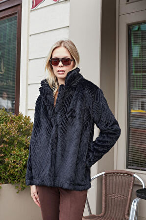 Kadın Kürk Yakalı Uzun Kol Astarlı Orta Boy Kaban-Siyah