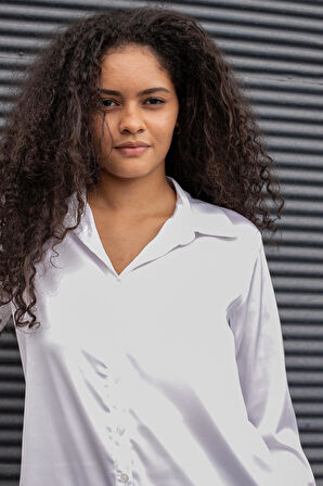 Kadın İpeksi Dokulu Yakalı Uzun Kol Gömlek -Krem 