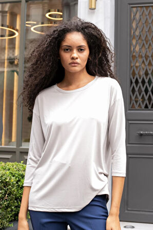 Kadın Kaliteli Modal Esnek Kumaş Geniş Sıfır Yaka Kapri Truvakar Kol Hafif Salaş Bluz-Taş 