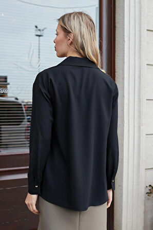 Kadın Yakalı Gizli Patlı Düşük Omuzlu Uzun Kol Gömlek-Siyah 
