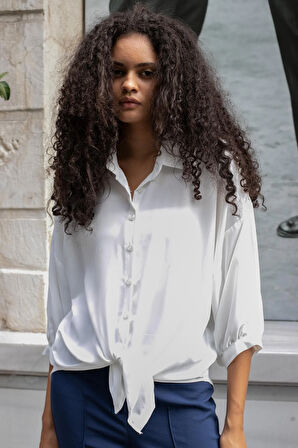 Kadın Yakalı Düşük Omuzlu Salaş Gömlek-Krem 