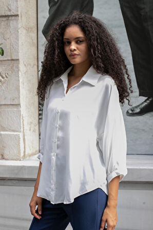 Kadın Yakalı Düşük Omuzlu Salaş Gömlek-Krem 