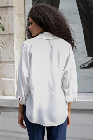 Kadın Yakalı Düşük Omuzlu Salaş Gömlek-Krem 