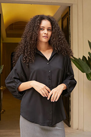 Kadın Yakalı Düşük Omuzlu Salaş Gömlek-Siyah 