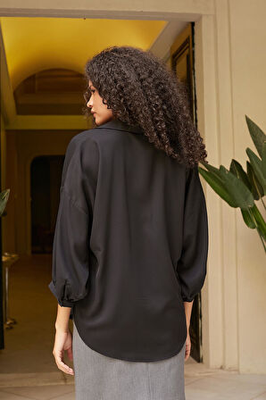 Kadın Yakalı Düşük Omuzlu Salaş Gömlek-Siyah 