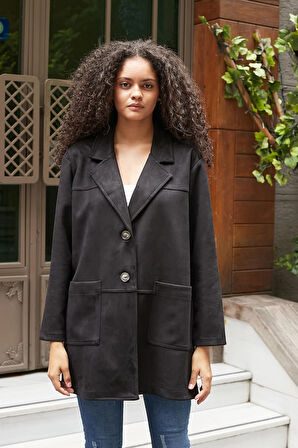 Kadın Hafif Likralı Süet Kumaş Yakalı Uzun Kol Cepli Spor Dikişli Oversize Ceket Kaban-Siyah