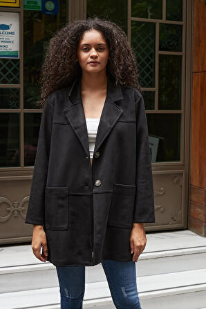 Kadın Hafif Likralı Süet Kumaş Yakalı Uzun Kol Cepli Spor Dikişli Oversize Ceket Kaban-Siyah