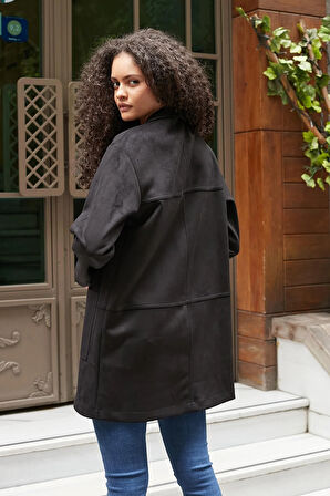 Kadın Hafif Likralı Süet Kumaş Yakalı Uzun Kol Cepli Spor Dikişli Oversize Ceket Kaban-Siyah