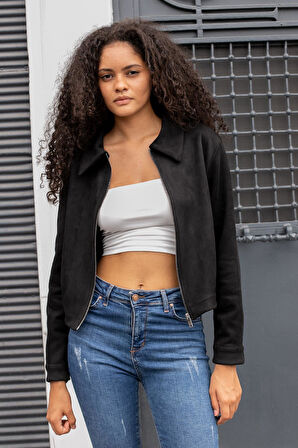 Kadın Hafif Likralı Süet Kumaş Yakalı Fermuarlı Arkası Lastikli Cepli Kısa Ceket Mont-Siyah 