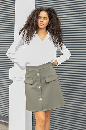 Kadın Diz Üstü Yüksek Bel Önü Düğmeli Cep Kapaklı Hafif Likralı Kumaş Çan Etek-Haki 