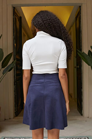 Hafif Likralı Süet Kumaş Yüksek Bel Diz Üstü Kısa Kiloş Etek-Lacivert 