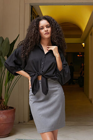 Yüksek Bel Diz Üstü Hafif Likralı Şık Kumaş Kalem Etek-Gri 