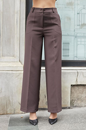Kadın Hafif Esnek Kumaş Yüksek Bel Yan Cepli Bol Paça Palazzo Pantolon-Kahve