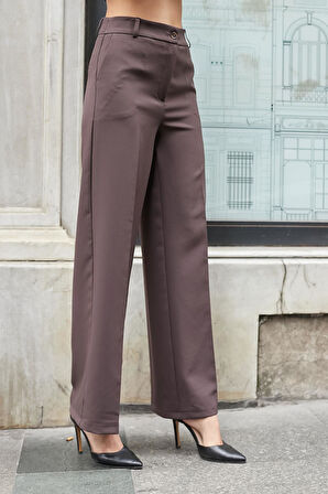 Kadın Hafif Esnek Kumaş Yüksek Bel Yan Cepli Bol Paça Palazzo Pantolon-Kahve