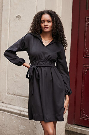 Kadın Süet Dokulu Kumaş Yakalı Uzun Kol Bağcıklı Cepli Diz Üstü Ofis-Günlük Elbise-Siyah