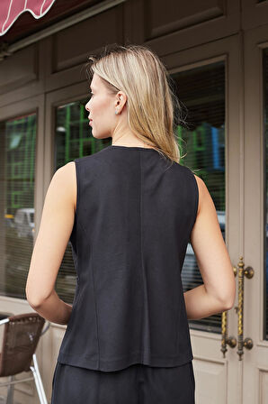 Kadın Süet Dokulu Kumaş Geniş Sıfır Yakalı Flato Cepli Yelek-Siyah